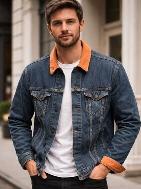 Rare 2012 Levi’s Trucker Jacket - Orange Corduroy Collar - Size L